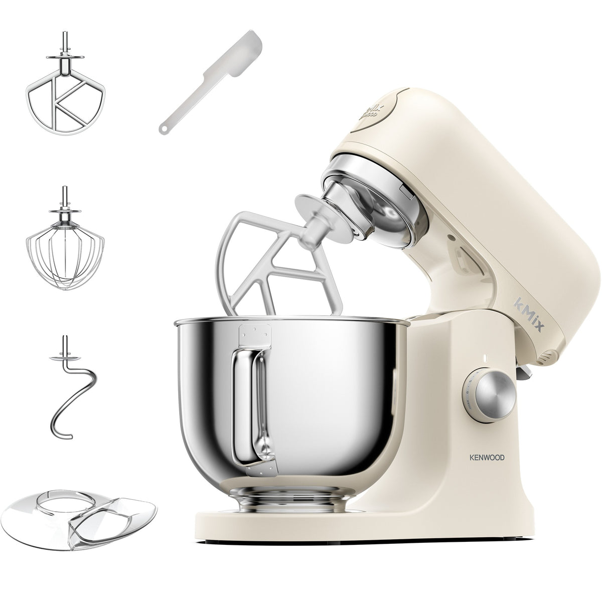 Kenwood kMix 5L Stand Mixer - Cream - front view with tools, spatula and splashguard