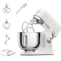 Kenwood kMix Stand Mixer - White - front view with K-beater, whisk, dough tool and splashguard