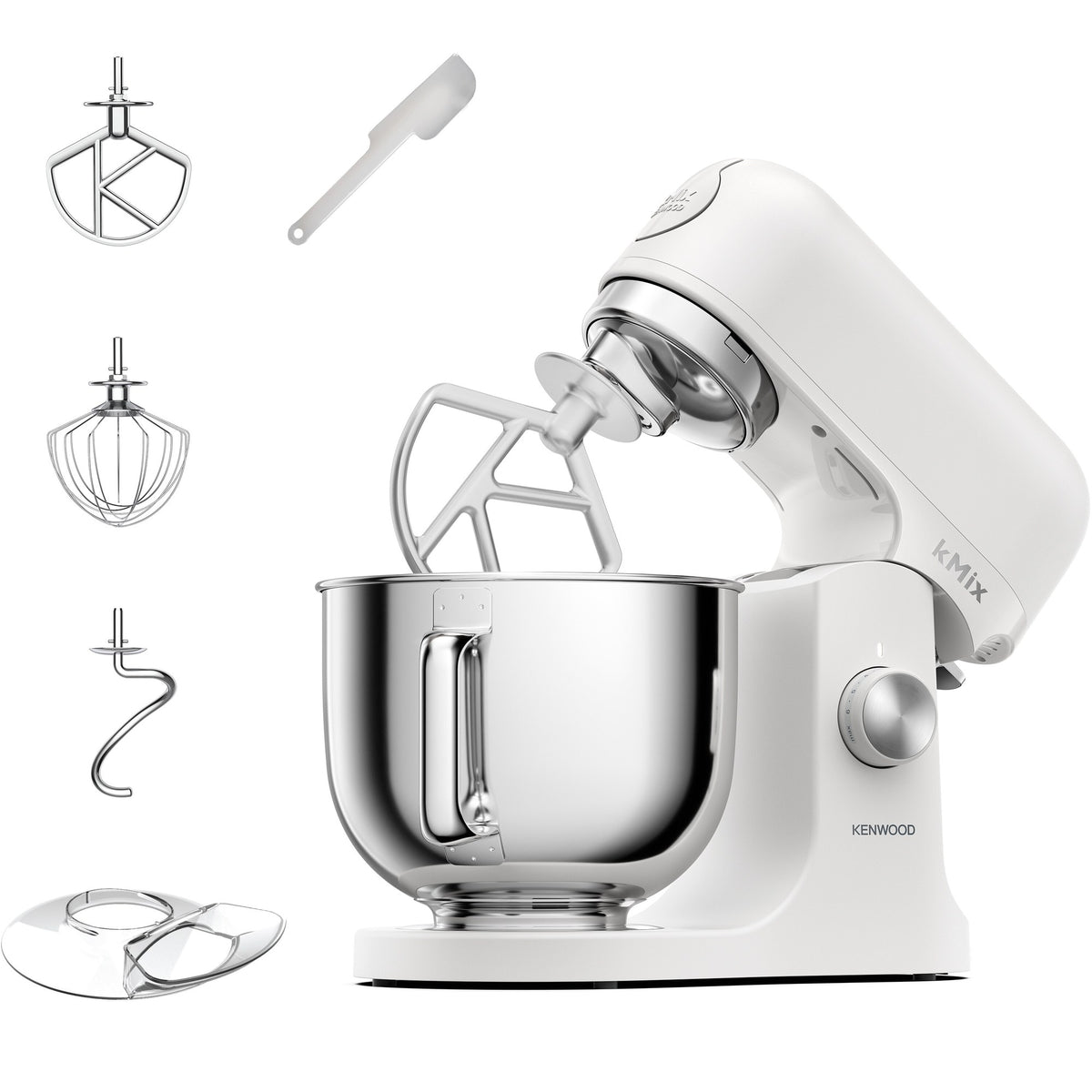 Kenwood kMix Stand Mixer - White - front view with K-beater, whisk, dough tool and splashguard