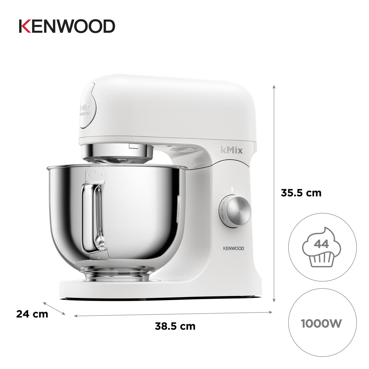 Kenwood kMix Stand Mixer - White - dimensions, 1000W motor and 5L bowl