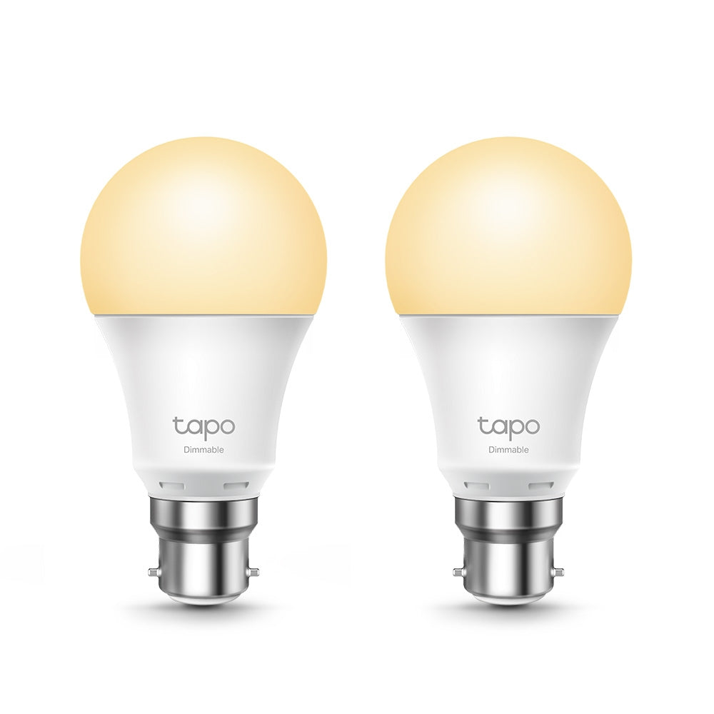 Tapo L510B dimmable smart light bulb, B22, 2-pack — product view showing two bulbs with bayonet base