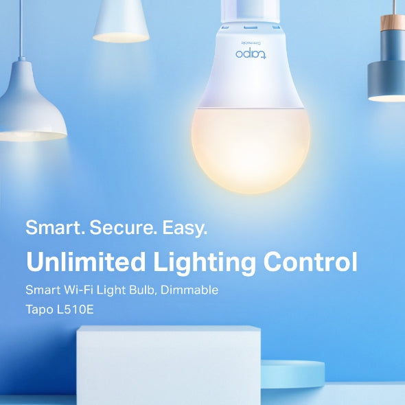 Tapo L510E dimmable smart Wi-Fi light bulb, illuminated, hero shot with model label