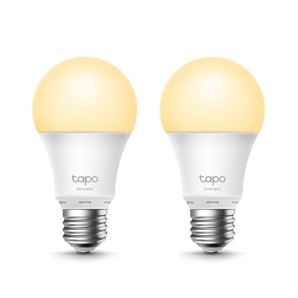 Tapo L510E dimmable smart Wi-Fi light bulb, E27, 2-pack, two bulbs illuminated side by side