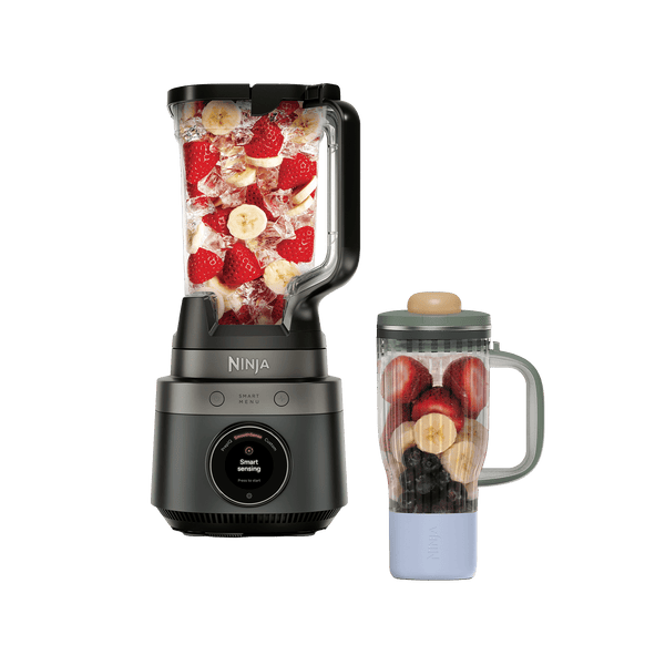 Ninja CrushBOSS 2-in-1 Blender Duo with BlendBOSS Tumbler in Onyx — front view, jug and tumbler filled with fruit