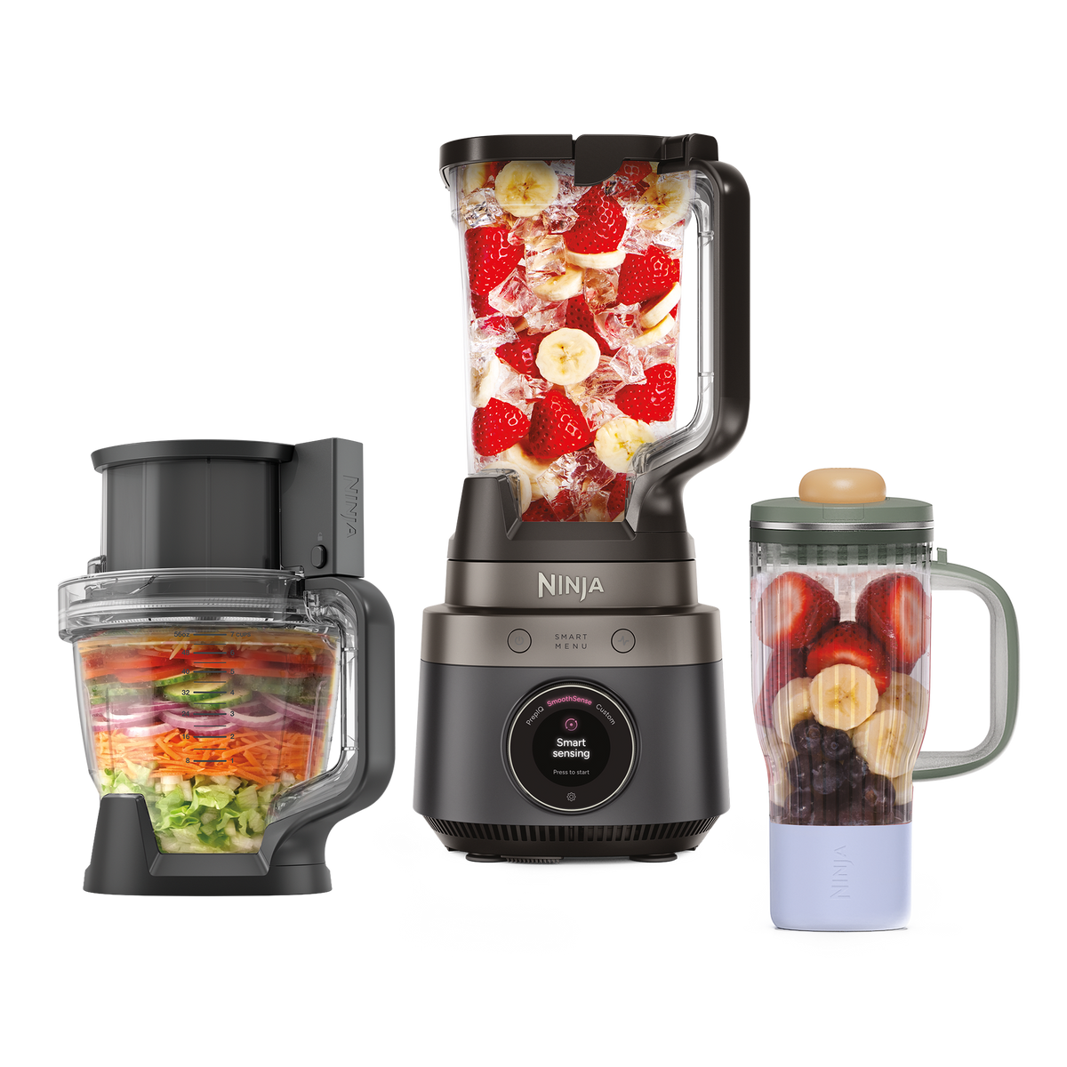 Ninja CrushBOSS 3-in-1 Kitchen System with Food Processor & Tumbler in Onyx — food processor, blender jug and tumbler, front view