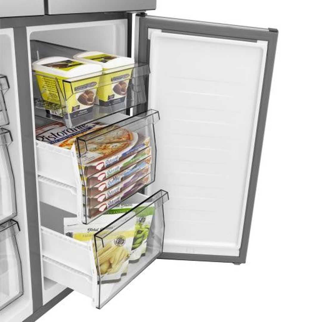 Hisense American Fridge Freezer - Stainless Steel - freezer drawers pulled out with frozen food