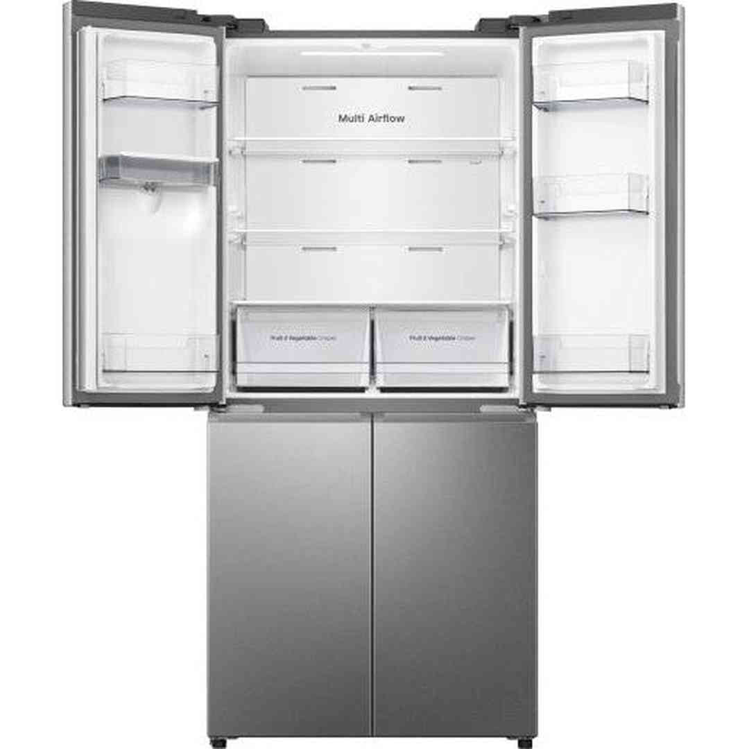 Hisense American Fridge Freezer - Stainless Steel - fridge doors open with empty interior, freezer doors closed