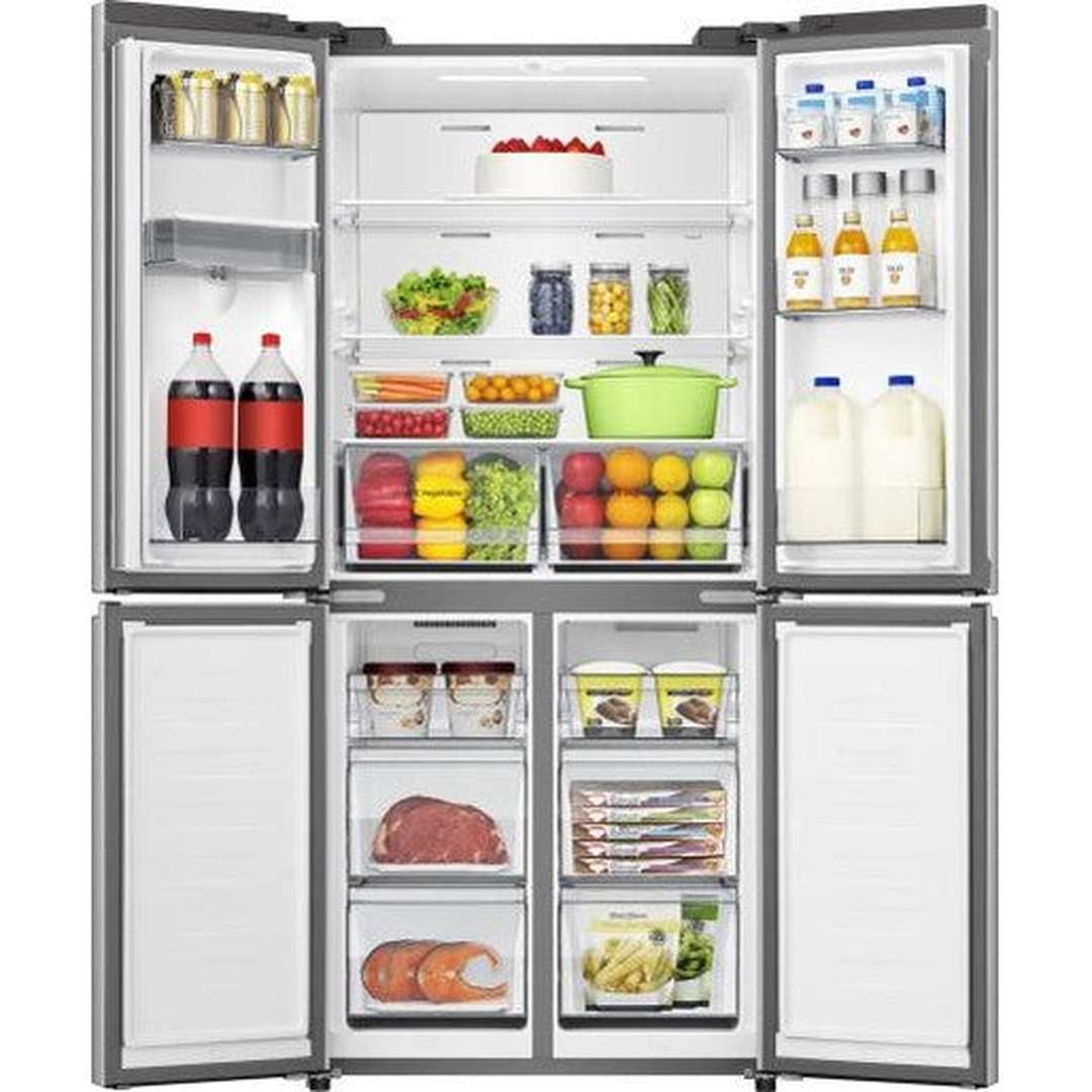 Hisense American Fridge Freezer - Stainless Steel - all four doors open, stocked with food
