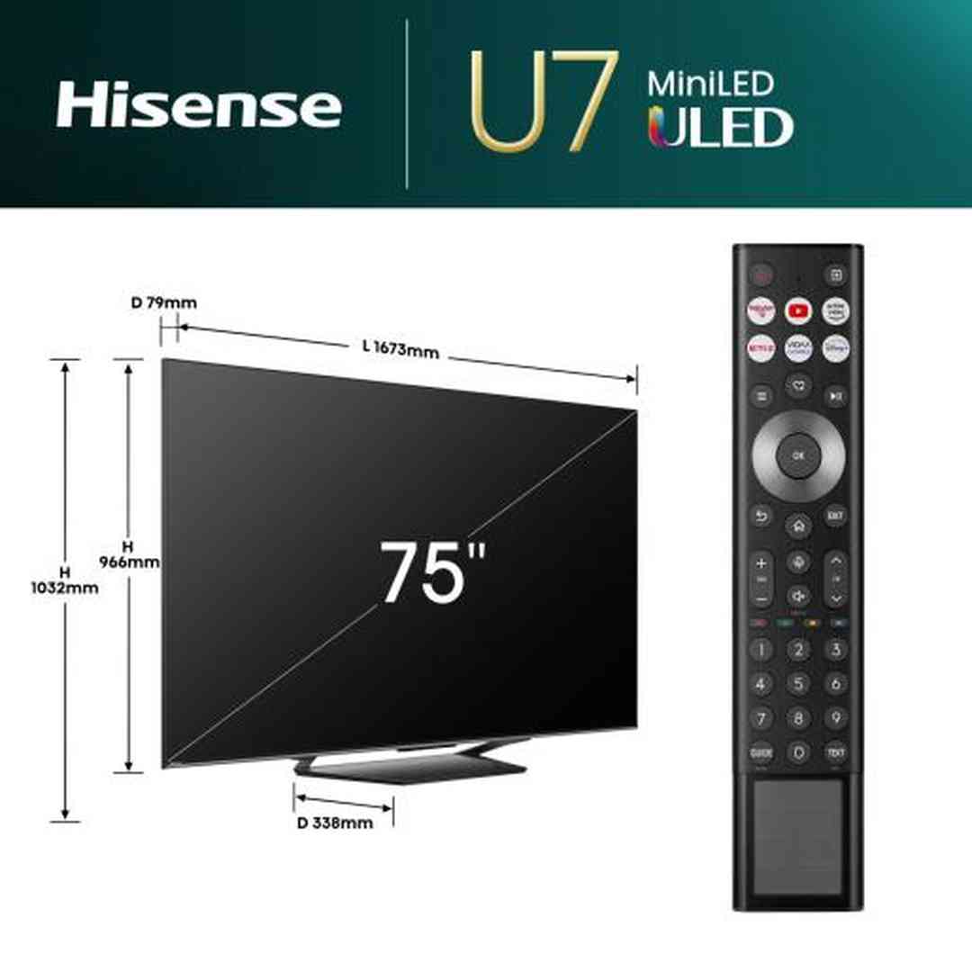 Hisense U7N 75" Mini-LED TV - Black - dimensions diagram with remote control