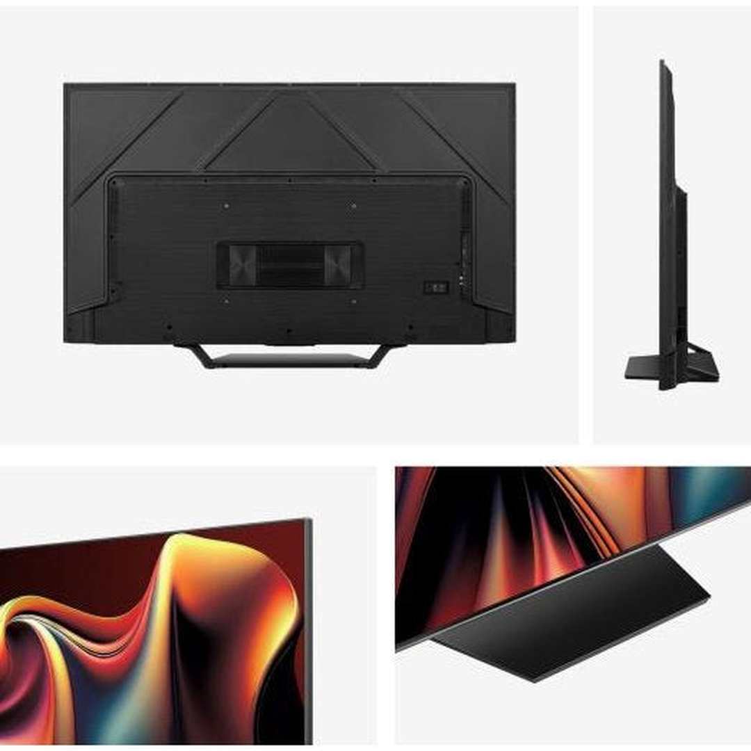 Hisense U7N 75" Mini-LED TV - Black - rear view, side profile and stand close-ups