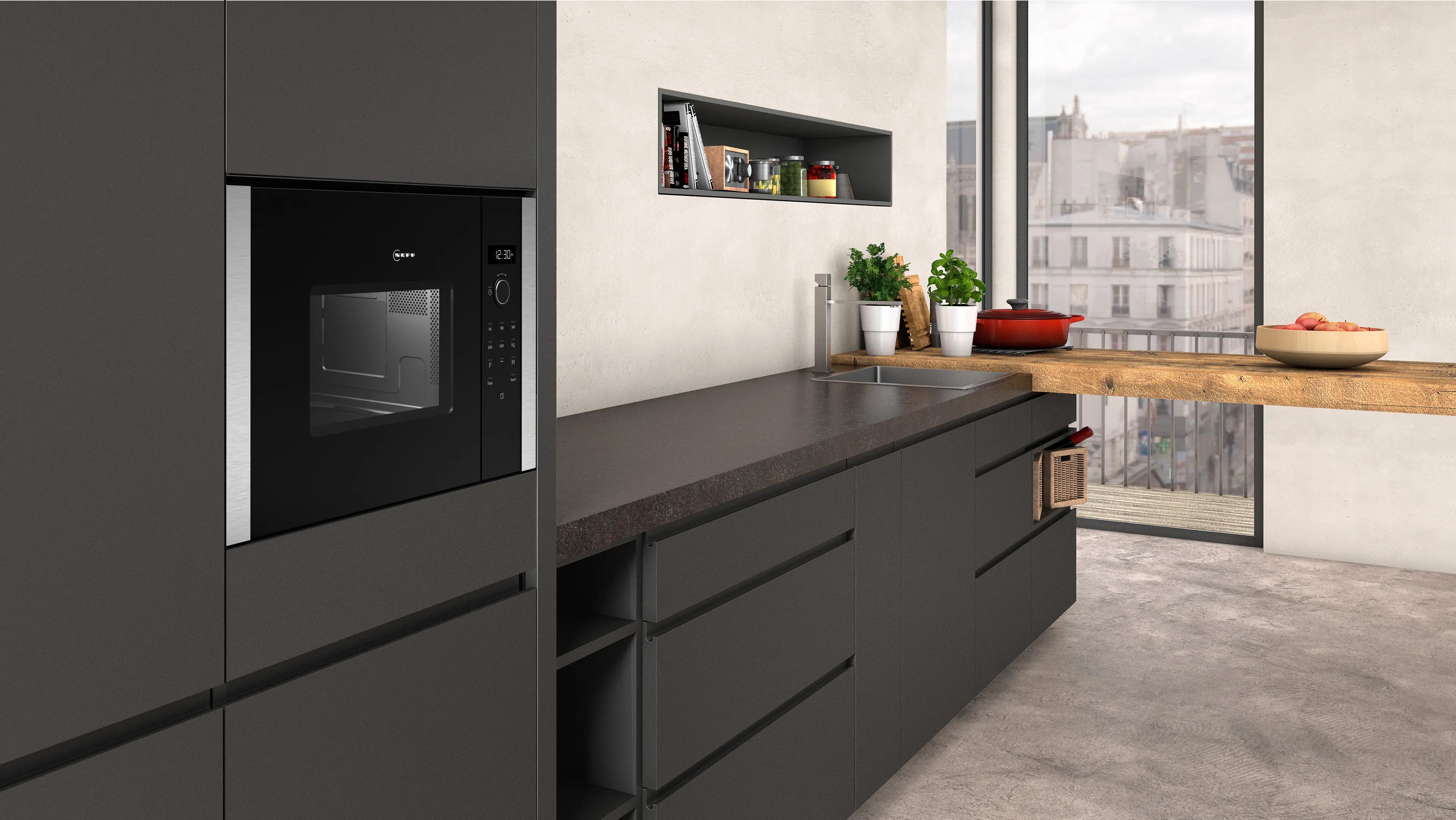 NEFF N50 HLAWD23N0B built-in microwave oven in Black with stainless steel door trim