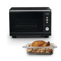 Ninja Crispi Microwave and Air Fryer in Black with roast chicken in glass dish — front view