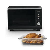 Ninja Crispi Microwave and Air Fryer in Black with roast chicken in glass dish — front view