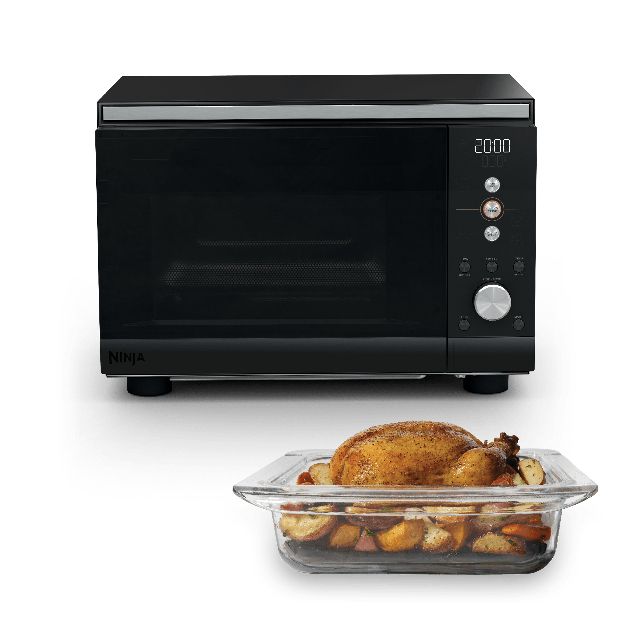 Ninja Crispi Microwave and Air Fryer in Black with roast chicken in glass dish — front view