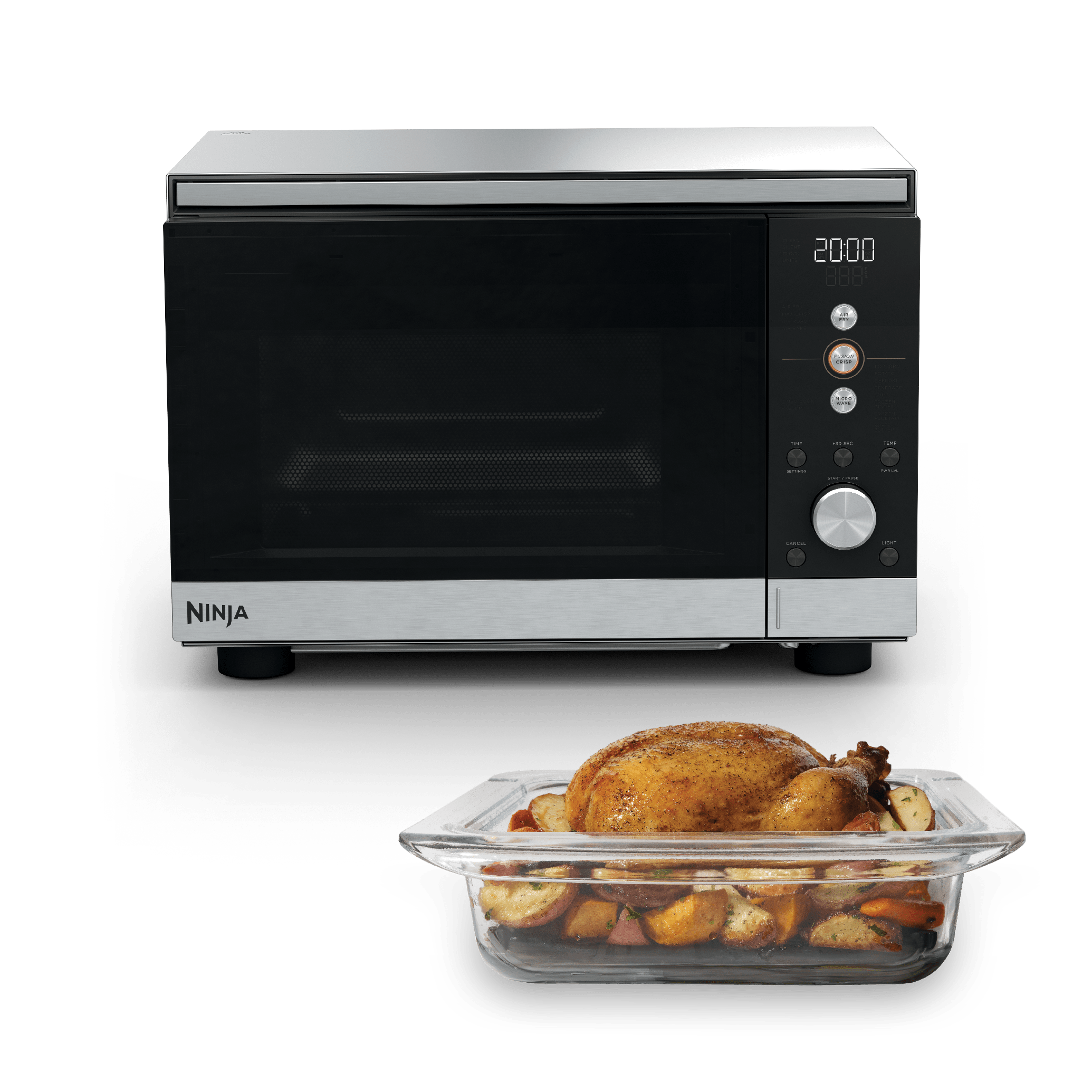 Ninja Crispi Microwave and Air Fryer in Silver with roast chicken in glass dish — front view