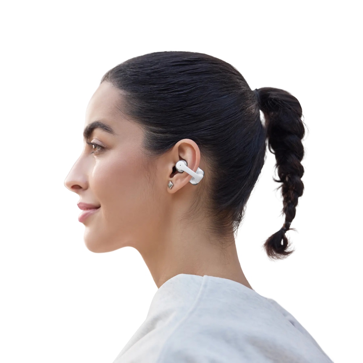 Shokz OpenDots 2 Open-Ear Clip-On Earbuds - Grey - worn on the ear