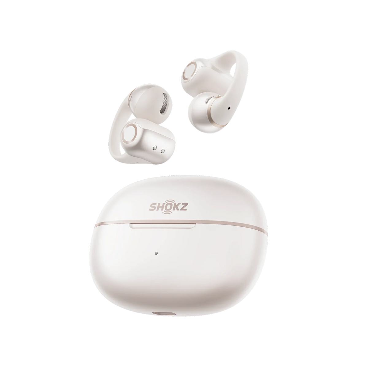 Shokz OpenDots 2 Open-Ear Clip-On Earbuds - Pearl White - earbuds above the charging case