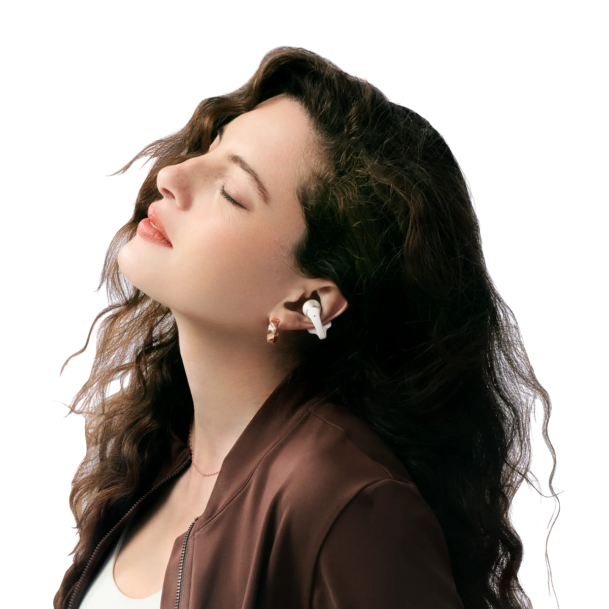 Shokz OpenDots 2 Open-Ear Clip-On Earbuds - Pearl White - worn on the ear