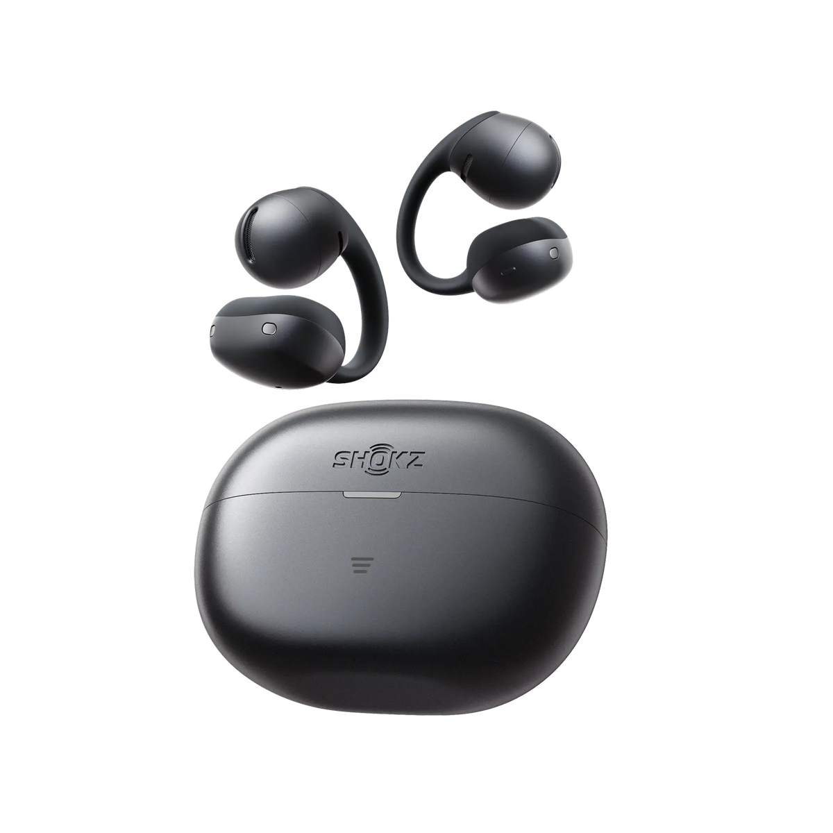 Shokz OpenDots Air Open-Ear Clip-On Earbuds - Black - earbuds above the charging case