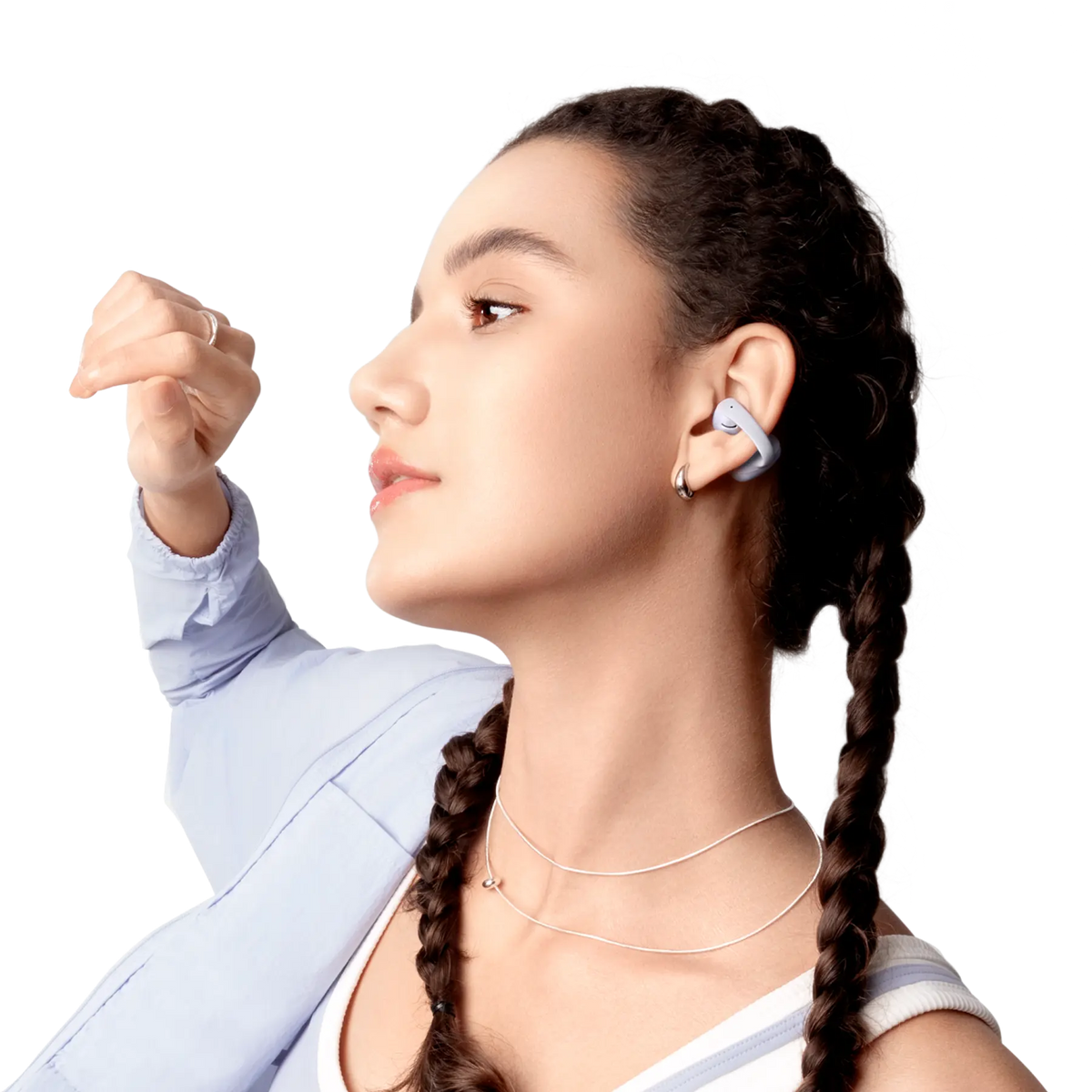 Shokz OpenDots Air Open-Ear Clip-On Earbuds - Daybreak Purple - worn on the ear