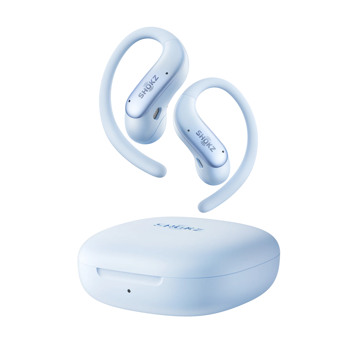Shokz OpenFit Air 2 Open-Ear Earbuds - Ice Blue - earbuds above the charging case