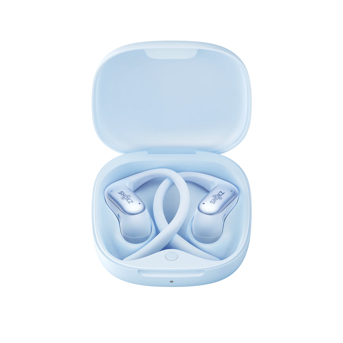 Shokz OpenFit Air 2 Open-Ear Earbuds - Ice Blue - charging case open