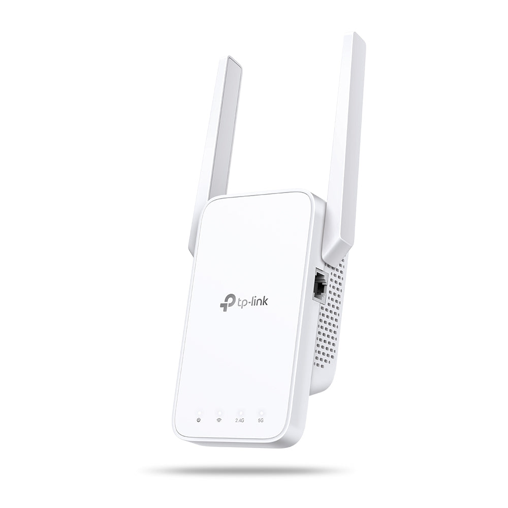 TP-Link RE315 AC1200 Wi-Fi Range Extender — angled view showing Ethernet port