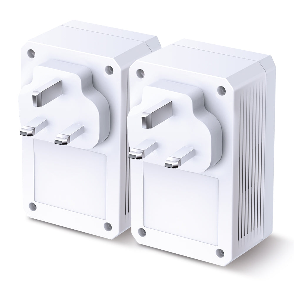 TP-Link TL-PA7017P KIT AV1000 Gigabit Passthrough Powerline Starter Kit — product view, two units with front passthrough sockets