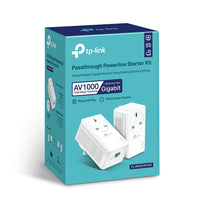 TP-Link TL-PA7017P KIT AV1000 Gigabit Passthrough Powerline Starter Kit — packaging, two units with passthrough socket shown