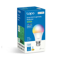 Tapo L535B smart Wi-Fi light bulb — retail packaging, B22 base spec printed on box