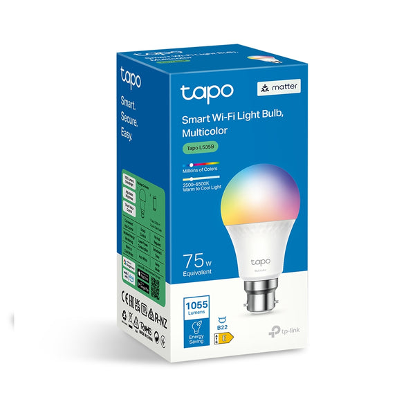 Tapo L535B smart Wi-Fi light bulb — retail packaging, B22 base spec printed on box