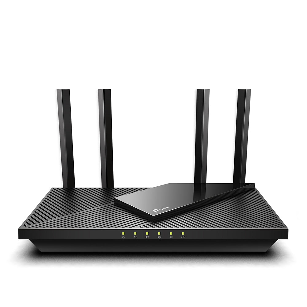 TP-Link Archer AX55 Wi-Fi 6 router — front angle view, dark background