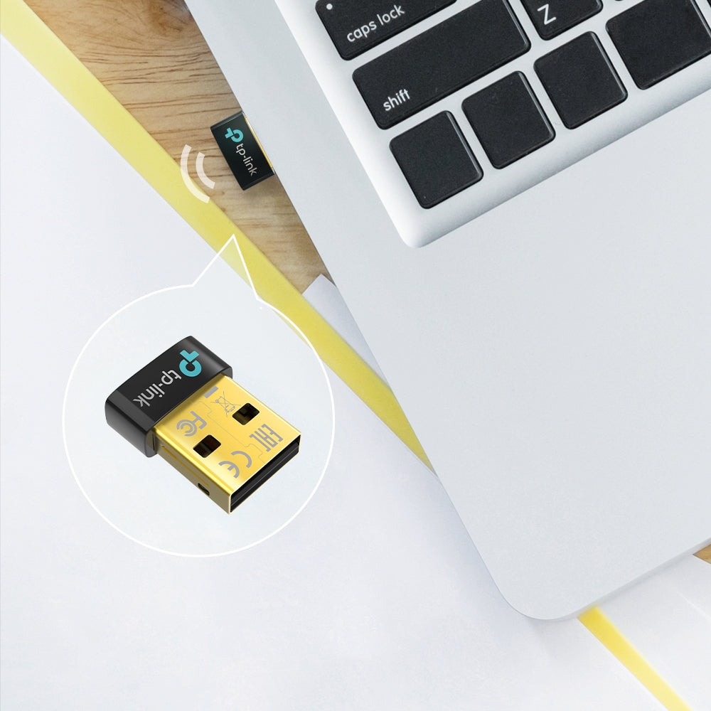 TP-Link UB500 Bluetooth 5.0 Nano USB Adapter — in-use, plugged into laptop