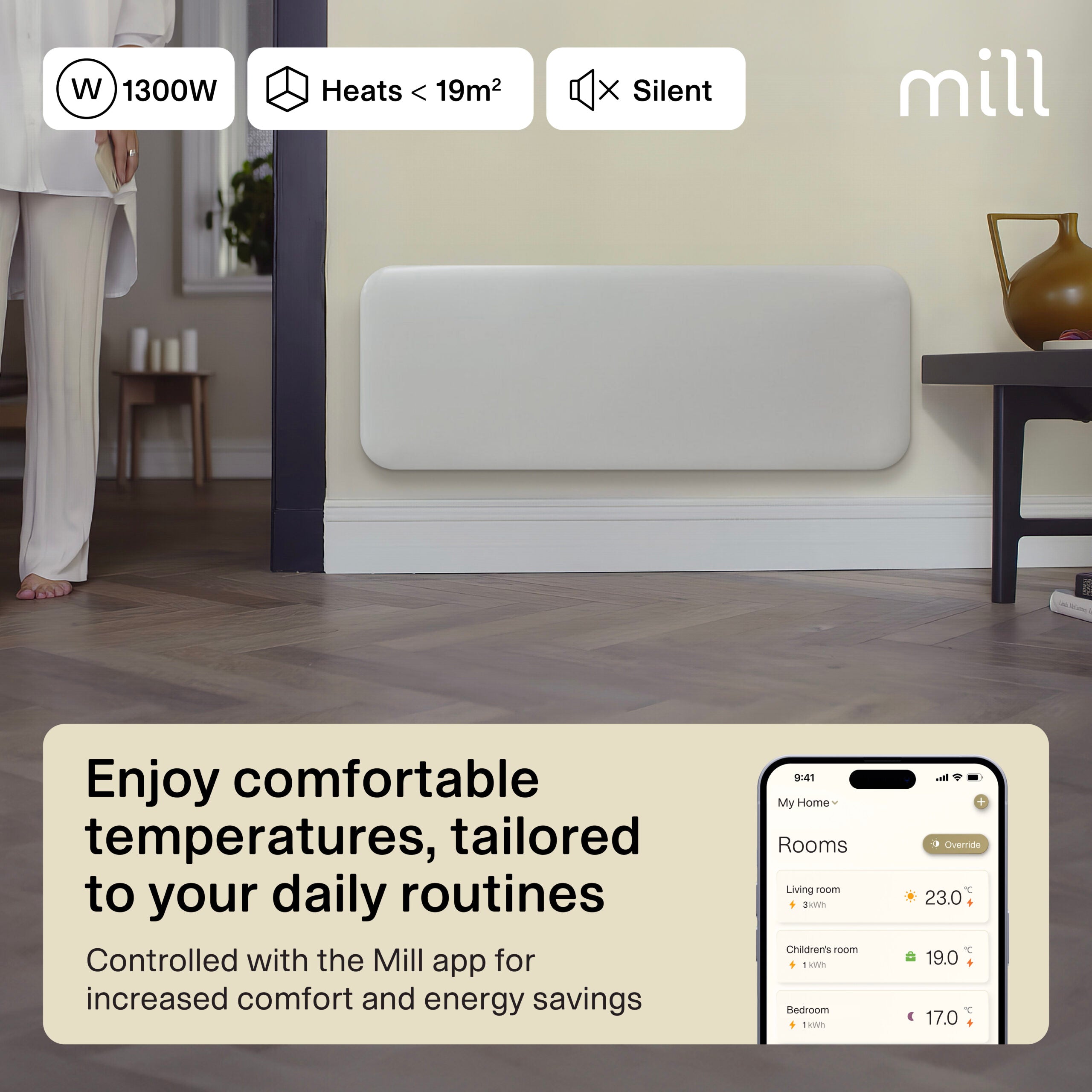 Mill Invisible Smart WiFi Panel Heater 1300W White product image