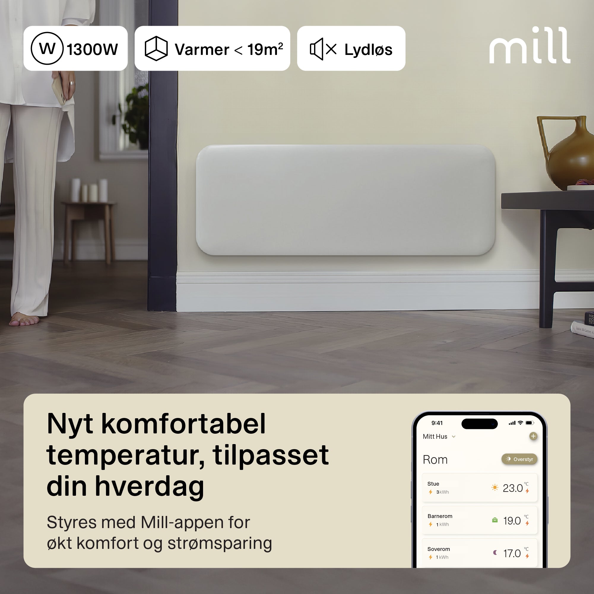Mill Invisible Smart WiFi Panel Heater 1300W White product image