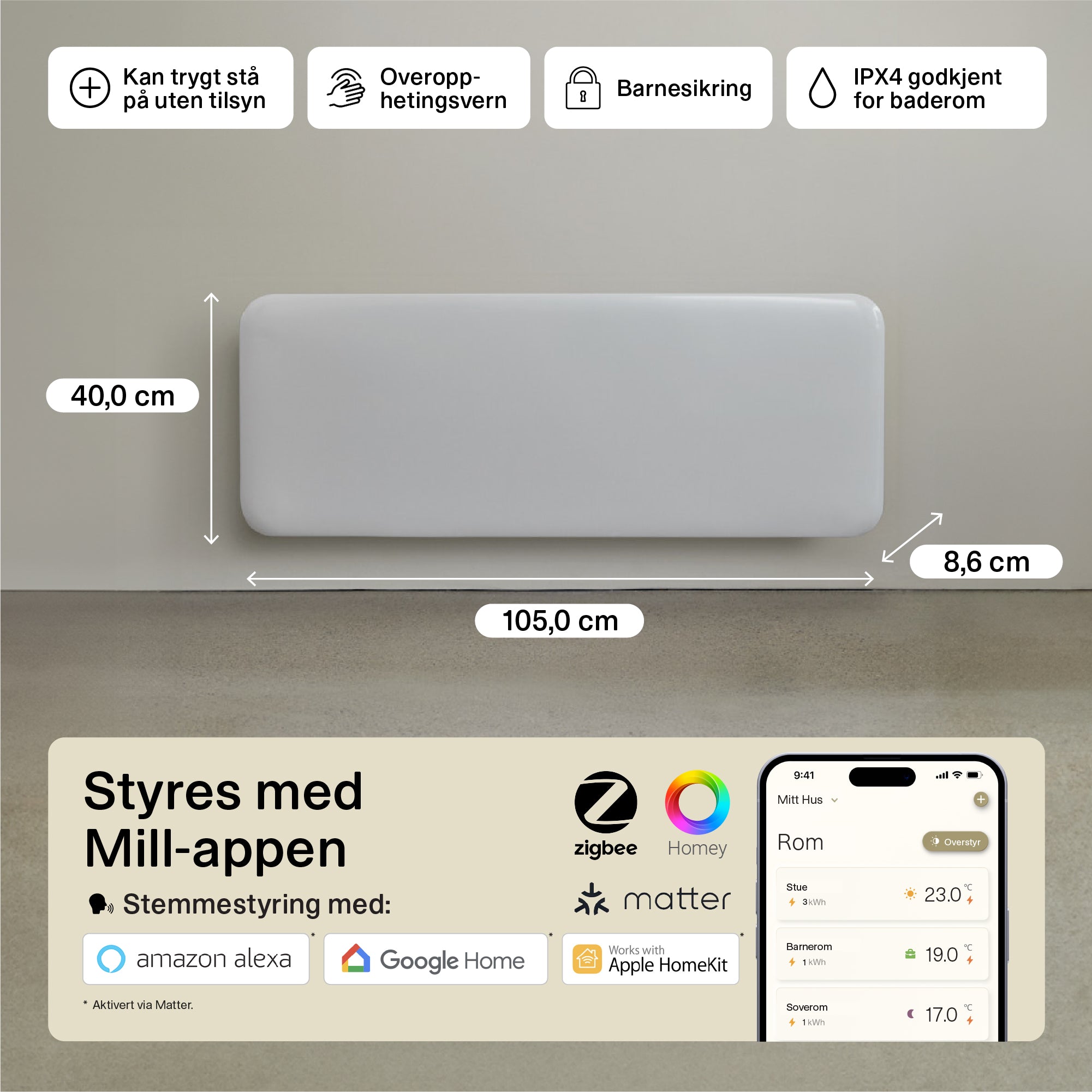 Mill Invisible Smart WiFi Panel Heater 1300W White product image