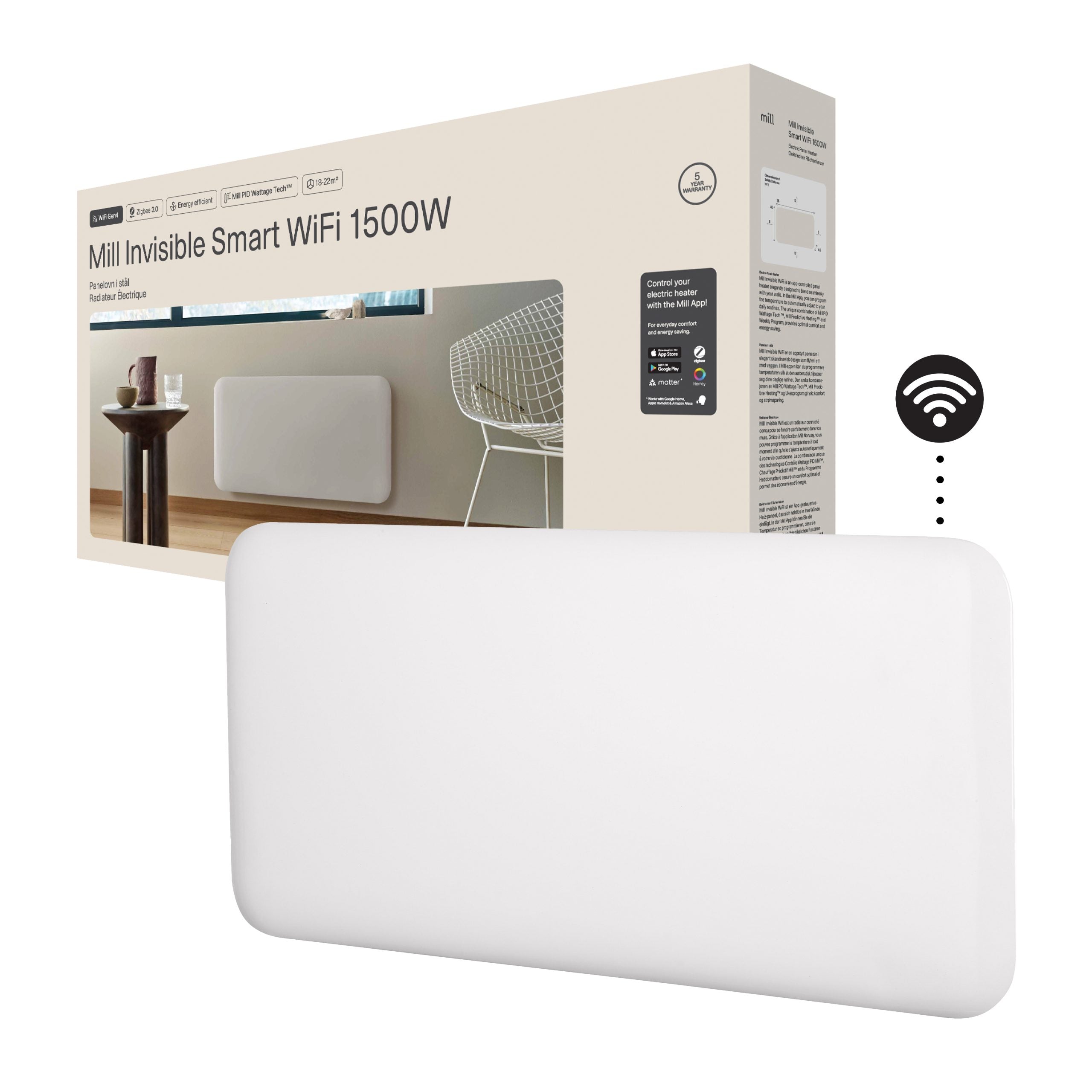 Mill Invisible Smart WiFi Panel Heater 1500W Portable and Wall-Mounted White product image