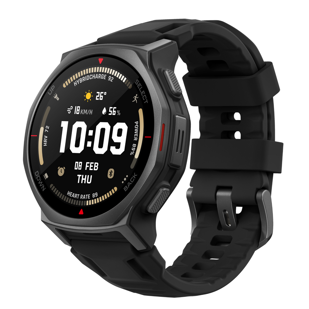 Amazfit T-Rex 3 Pro 44mm Smartwatch - Tactical Black - angled view, strap