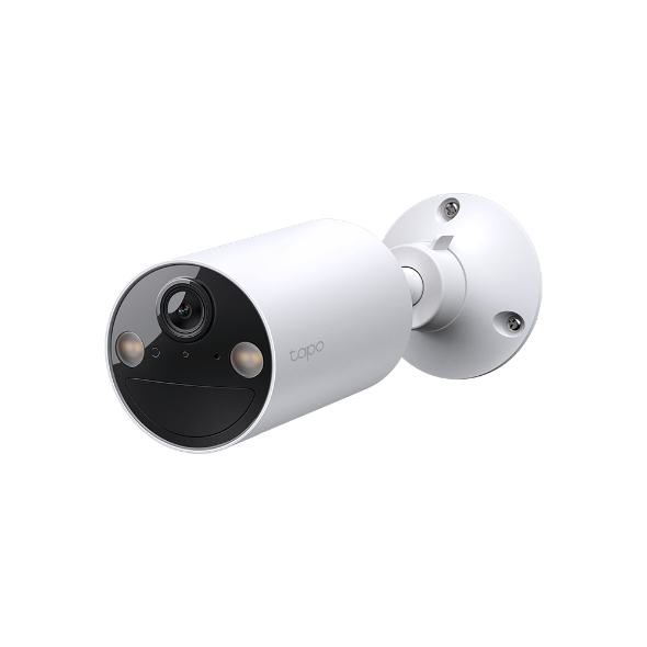 Tapo C410 wire-free indoor/outdoor security camera with wall-mount bracket, three-quarter view (single-unit detail shot)