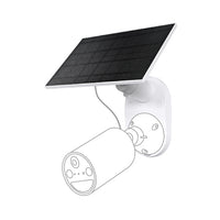 Tapo A201 camera solar panel with mounting bracket, shown alongside a dashed-line outline of a compatible (not included) battery camera for install context