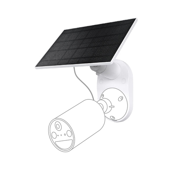 Tapo A201 camera solar panel with mounting bracket, shown alongside a dashed-line outline of a compatible (not included) battery camera for install context