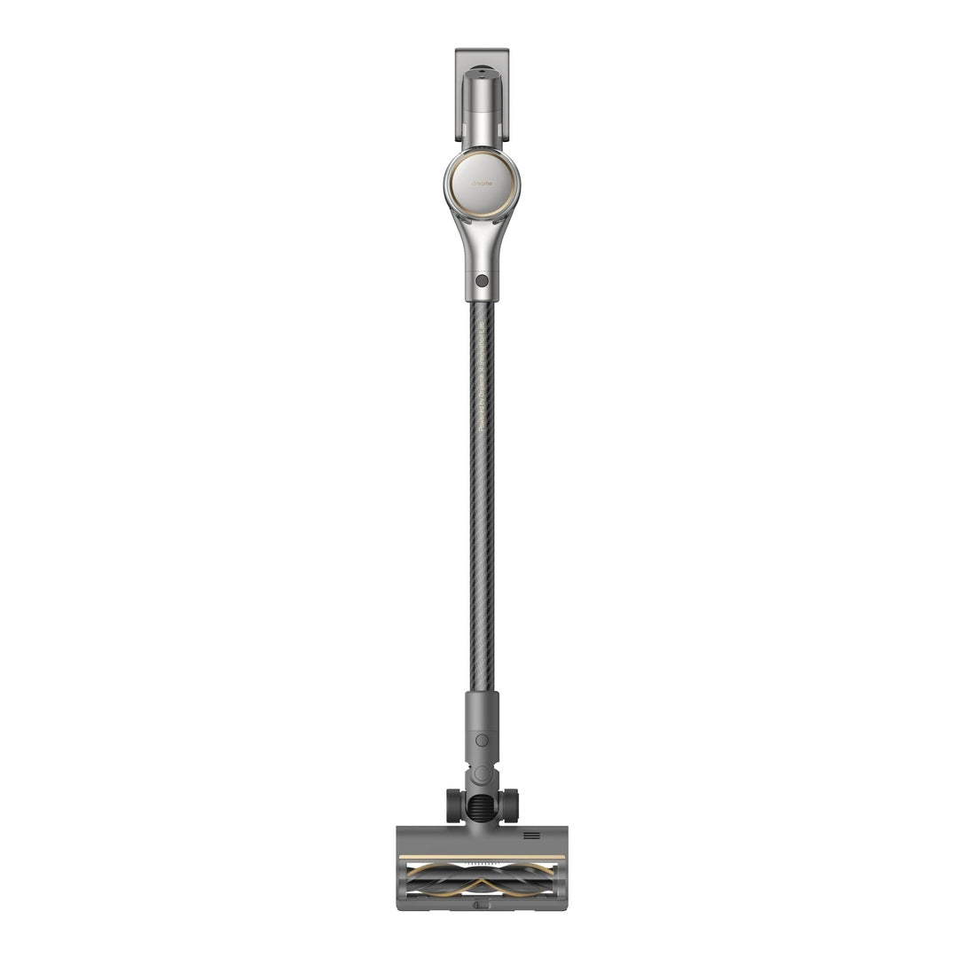 Dreame R20 VTV97A cordless stick vacuum standing upright with a gold-toned floor head