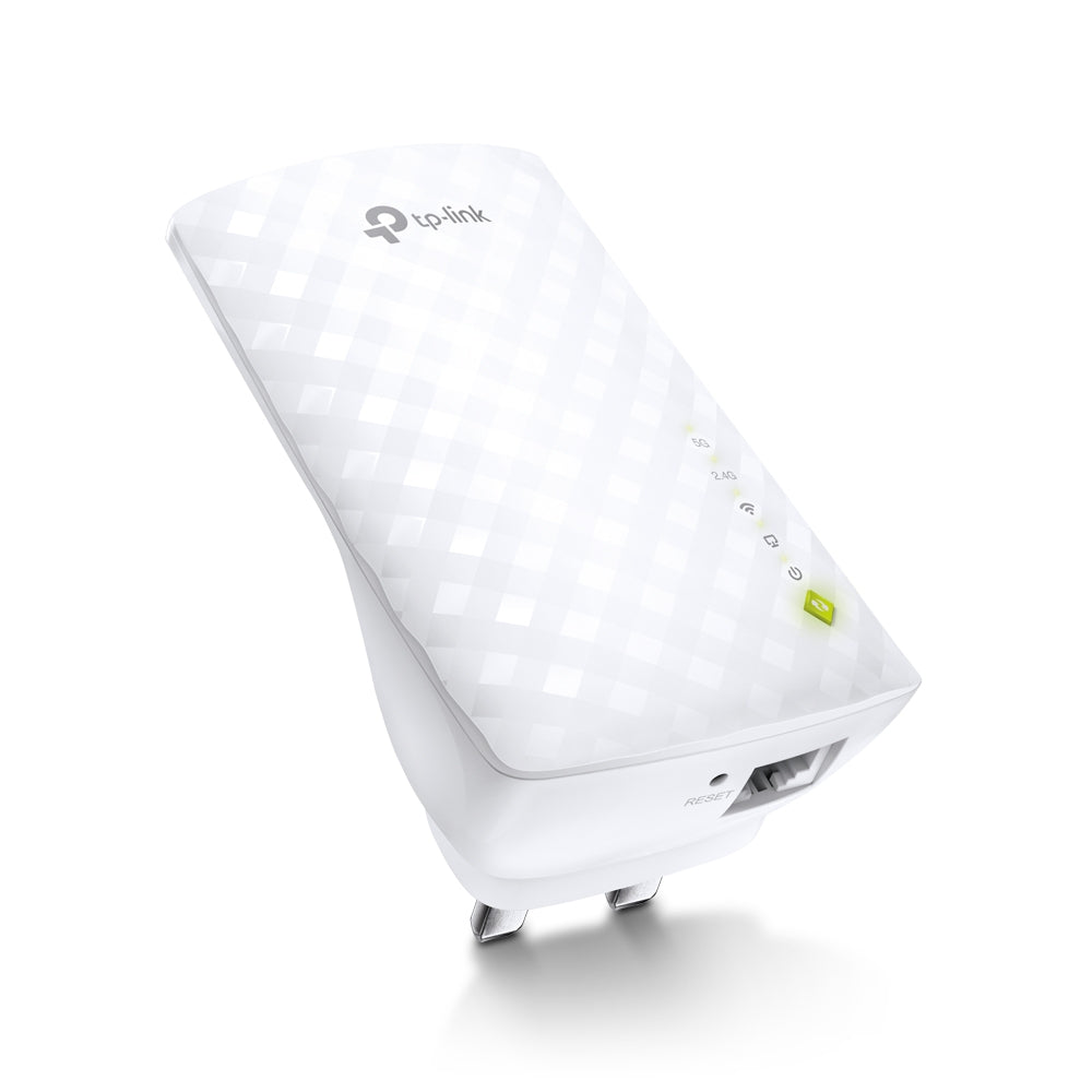 TP-Link RE200 AC750 Dual Band Wi-Fi Universal Wall-Plug Range Extender — angled view with plug