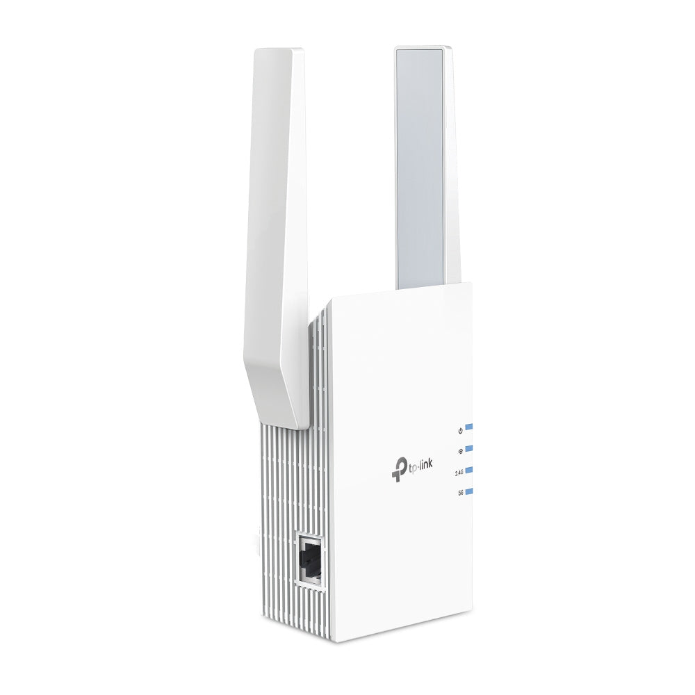 TP-Link RE705X AX3000 Wi-Fi 6 Range Extender — angled view showing port