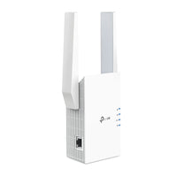 TP-Link RE705X AX3000 Wi-Fi 6 Range Extender — angled view showing port