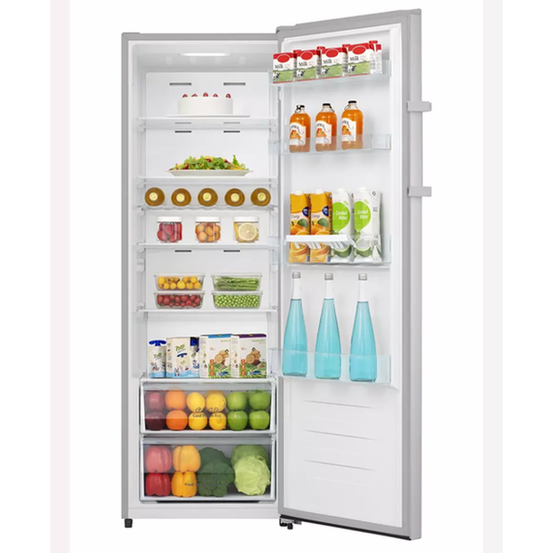 Hisense 322L Tall Fridge - Inox Look - door open showing a fully stocked interior