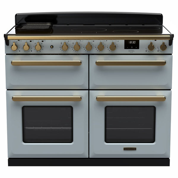 Rangemaster Estel Deluxe 110 Induction range cooker in Misty Blue with Antique Brass trim