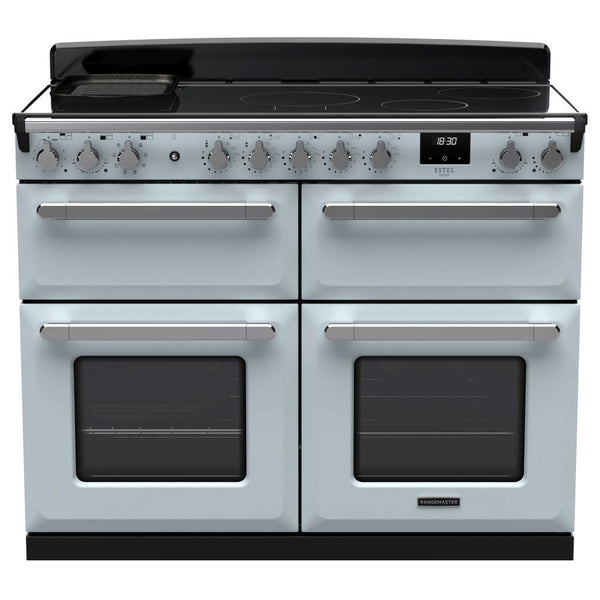 Rangemaster Estel Deluxe 110 Induction range cooker in Misty Blue with Chrome trim