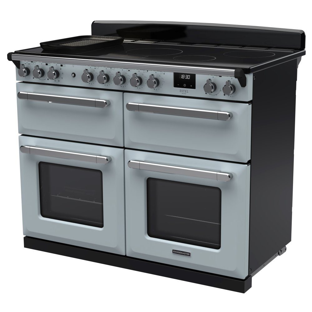 Rangemaster Estel Deluxe 110 Induction range cooker in Misty Blue with Chrome trim