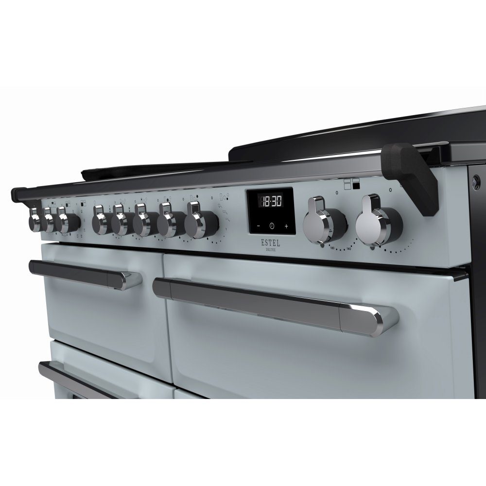 Rangemaster Estel Deluxe 110 Induction range cooker in Misty Blue with Chrome trim